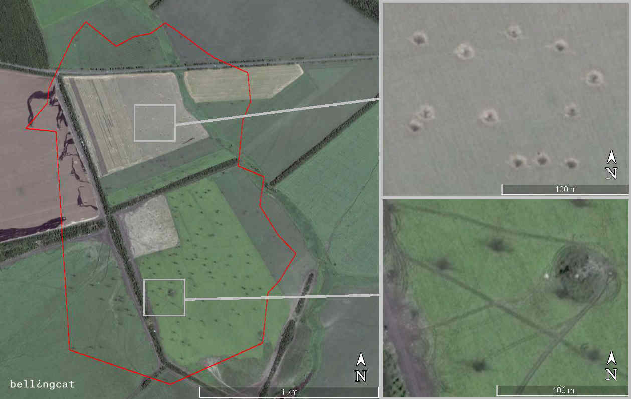 The crater field near Amvrosiivka from the 14 July 2014 attack, positioned at 47°46’1.07